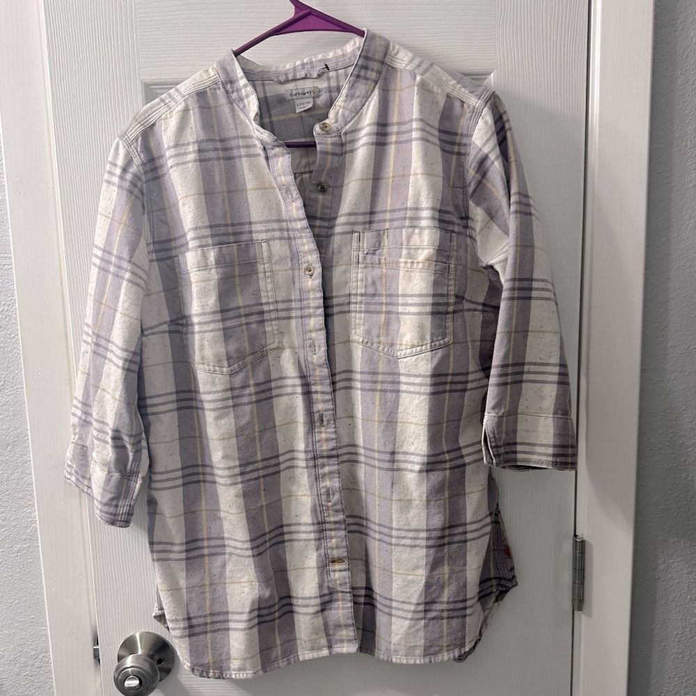 Carhartt Women's Relaxed Fit 3/4 Sleeve Plaid Shirt Gule Gray purple tan Large